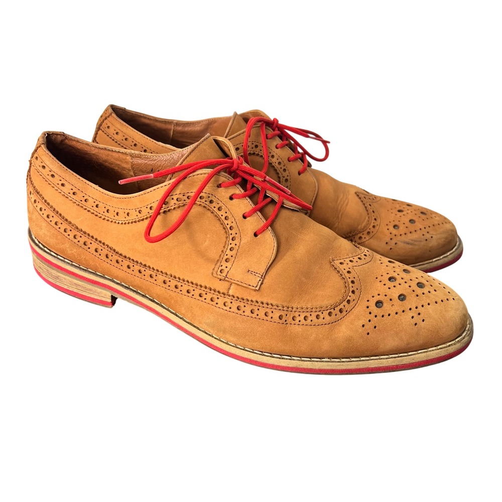 J.D. Fisk Mens Size 11 Oxfords Tan Leather Wingtip Brogue Red Laces Academia
